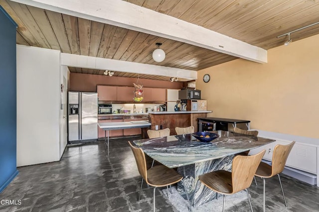 1412 Ellsworth Ct, Thousand Oaks, CA 91360 - dining area with a wood ceiling with exposed beams and finished concrete floors