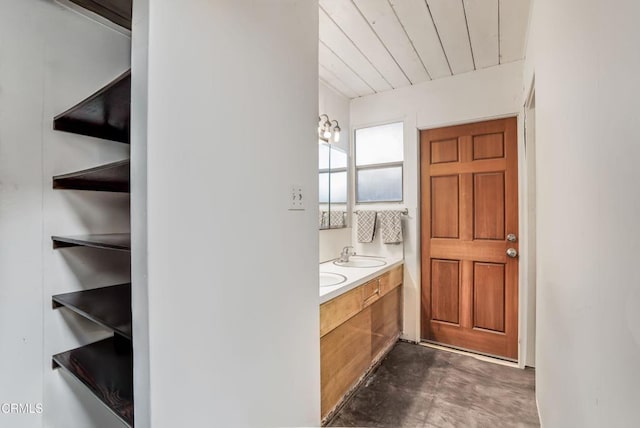 1412 Ellsworth Ct, Thousand Oaks, CA 91360 - full bath with double vanity, concrete flooring, and wooden ceiling
