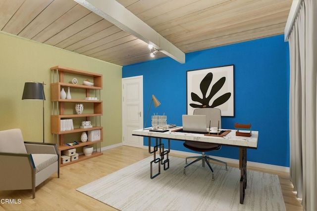1412 Ellsworth Ct, Thousand Oaks, CA 91360 - home office featuring a wood ceiling with exposed beams and light wood finished floors