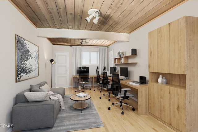 1412 Ellsworth Ct, Thousand Oaks, CA 91360 - office with light wood-type flooring, a wood ceiling with exposed beams, and built in study area