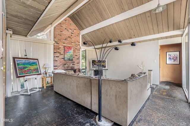 1412 Ellsworth Ct, Thousand Oaks, CA 91360 - unfurnished living room featuring a wooden ceiling with exposed beams, high vaulted ceiling, and brick wall