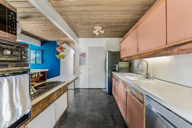 1412 Ellsworth Ct, Thousand Oaks, CA 91360 - kitchen with appliances with stainless steel finishes, finished concrete flooring, wooden ceiling, and light countertops