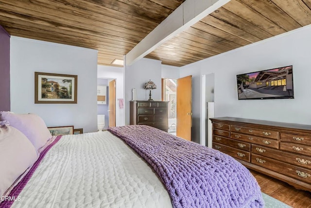 1412 Ellsworth Ct, Thousand Oaks, CA 91360 - bedroom with wood ceiling, wood finished floors, ornamental molding, and connected bathroom