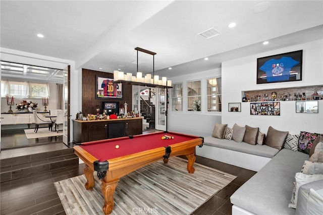 17 Lemans, Newport Coast, CA 92657 - rec room with a dry bar, recessed lighting, billiards, and dark wood-style floors