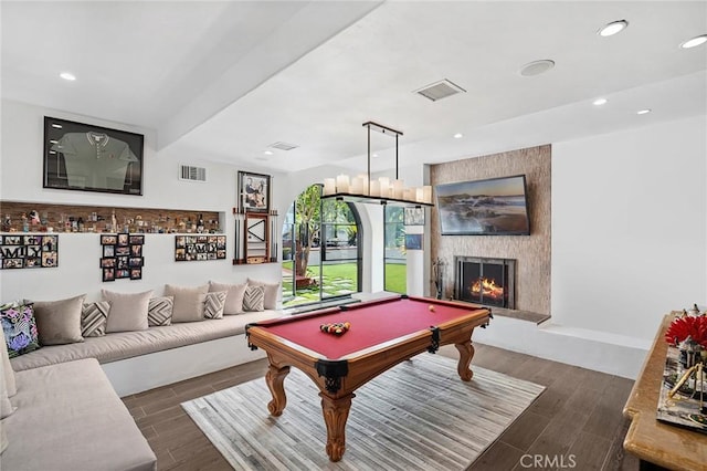 17 Lemans, Newport Coast, CA 92657 - game room with recessed lighting, wood finish floors, pool table, and a large fireplace