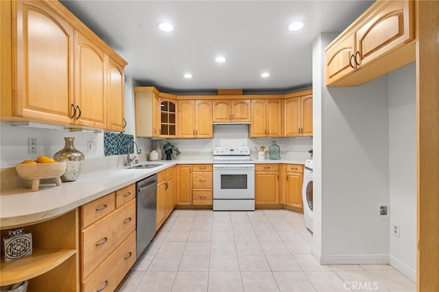 1277 S Beverly Glen Blvd Unit 205, Los Angeles, CA 90024 - kitchen featuring white range with electric stovetop, stainless steel dishwasher, washer / dryer, light tile patterned floors, and recessed lighting