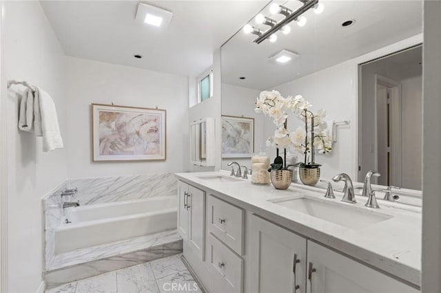 1277 S Beverly Glen Blvd Unit 205, Los Angeles, CA 90024 - bathroom with a bath, double vanity, and marble finish floors