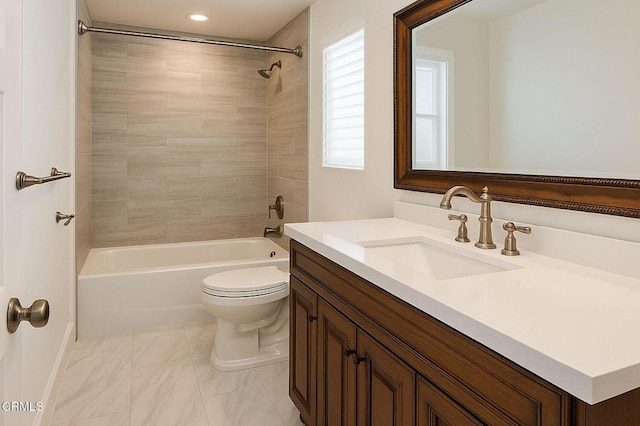 381 Highland Dr, Oxnard, CA 93035 - bathroom featuring vanity, tub / shower combination, marble finish flooring, and recessed lighting