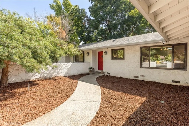 667 Morgan Dr, Chico, CA 95973 - doorway to property featuring crawl space and a shingled roof