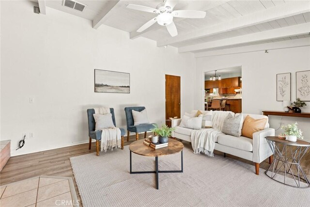 667 Morgan Dr, Chico, CA 95973 - living room featuring beamed ceiling, ceiling fan, and wood finished floors