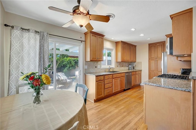 15041 Columbia Ln, Huntington Beach, CA 92647 - kitchen featuring dishwasher, light wood-type flooring, ceiling fan, tasteful backsplash, and recessed lighting