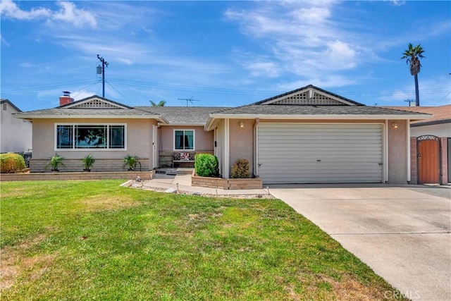 15041 Columbia Ln, Huntington Beach, CA 92647 - ranch-style home featuring stucco siding, a garage, driveway, a front yard, and a gate