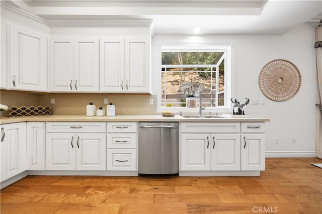 2767 Saleroso Dr, Rowland Heights, CA 91748 - kitchen with dishwasher, white cabinetry, light countertops, and light wood-style flooring