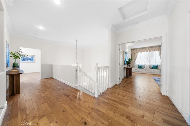 2767 Saleroso Dr, Rowland Heights, CA 91748 - corridor featuring an upstairs landing, light wood-type flooring, ornamental molding, recessed lighting, and a chandelier