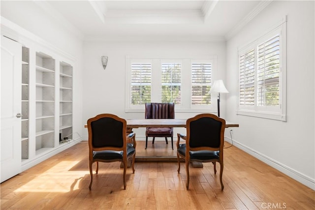 2767 Saleroso Dr, Rowland Heights, CA 91748 - living area with light wood-style floors, ornamental molding, a raised ceiling, and built in features