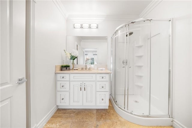 2767 Saleroso Dr, Rowland Heights, CA 91748 - bathroom with ornamental molding, a shower stall, and vanity