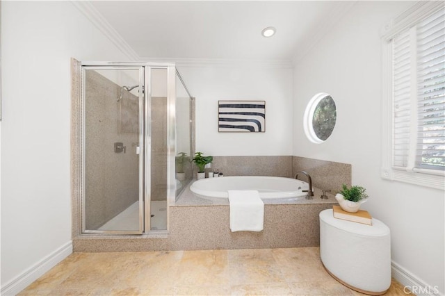 2767 Saleroso Dr, Rowland Heights, CA 91748 - full bathroom featuring a bath, ornamental molding, a stall shower, and tile patterned floors