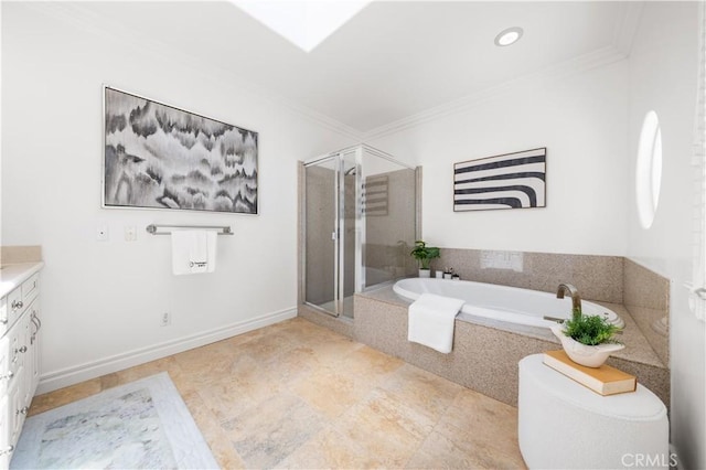 2767 Saleroso Dr, Rowland Heights, CA 91748 - bathroom with vanity, ornamental molding, a bath, a stall shower, and tile patterned floors