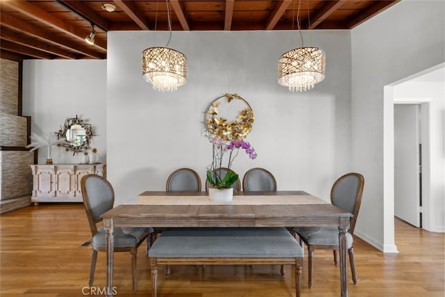 2920 Fairmount Ave, La Crescenta, CA 91214 - dining space with a wood ceiling with exposed beams, a chandelier, and light wood-style floors