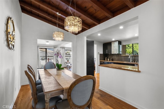 2920 Fairmount Ave, La Crescenta, CA 91214 - dining area featuring wood ceiling, wood finished floors, a chandelier, and recessed lighting