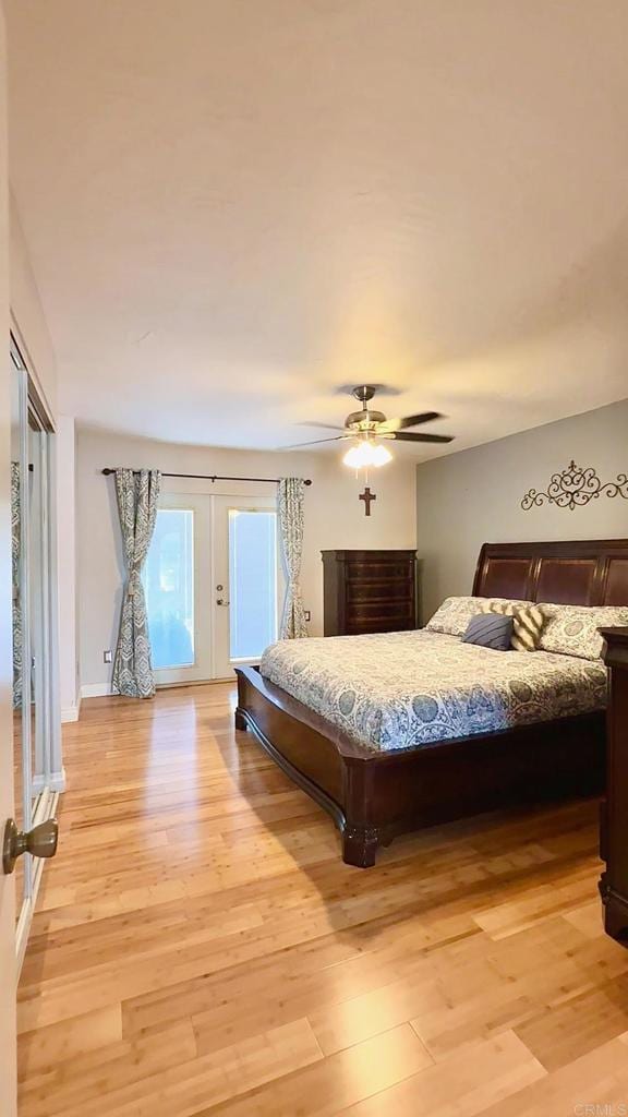 14330 Jennings Vista Way, Lakeside, CA 92040 - bedroom with light wood-style floors, access to exterior, french doors, and ceiling fan
