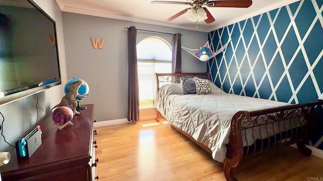 14330 Jennings Vista Way, Lakeside, CA 92040 - bedroom with ornamental molding, light wood-style flooring, and a ceiling fan