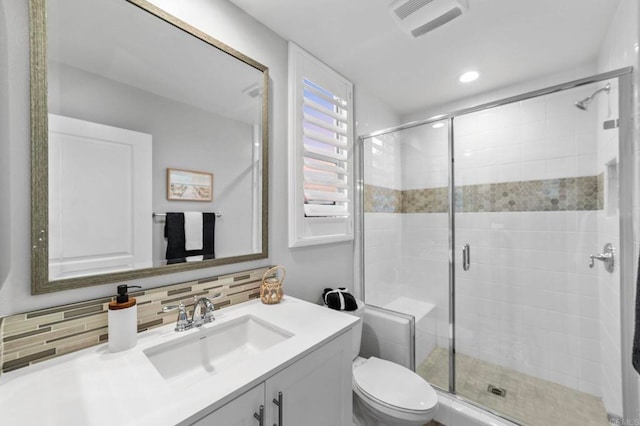 2990Eldenberry St, Escondido, CA 92029 - bathroom with vanity, backsplash, a stall shower, and recessed lighting