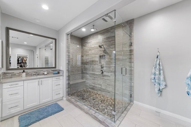 2990Eldenberry St, Escondido, CA 92029 - full bath with a stall shower, vanity, recessed lighting, tile patterned flooring, and tasteful backsplash
