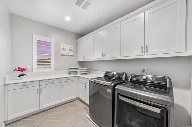 2990Eldenberry St, Escondido, CA 92029 - washroom with washer and clothes dryer, cabinet space, brick patterned flooring, and recessed lighting