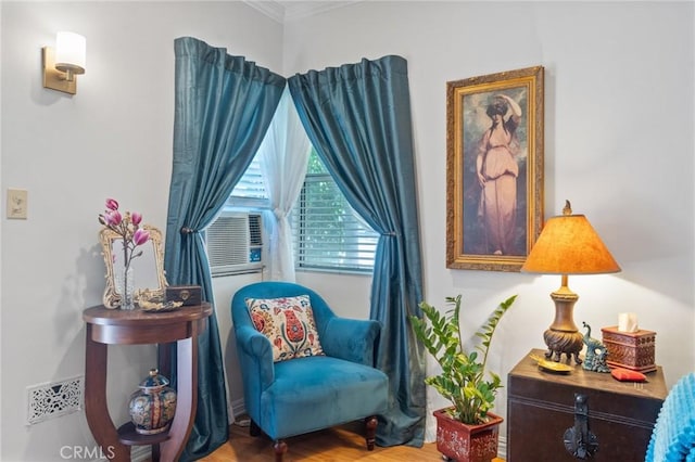 35 Columbia St, Pasadena, CA 91105 - sitting room with ornamental molding, wood finished floors, and cooling unit