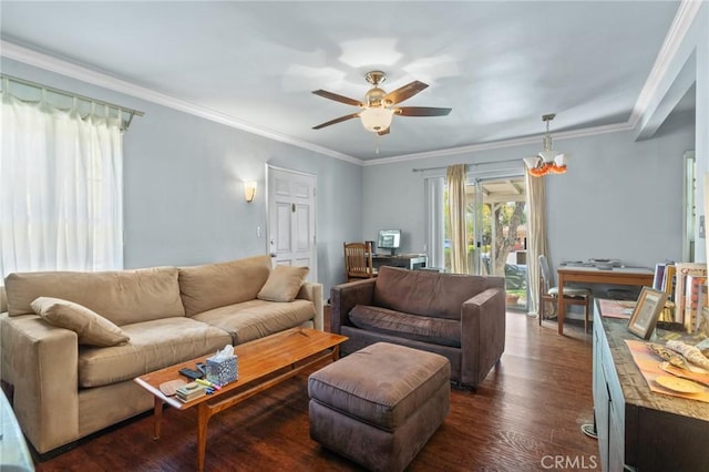 35 Columbia St, Pasadena, CA 91105 - living room featuring ceiling fan, dark wood-type flooring, and crown molding