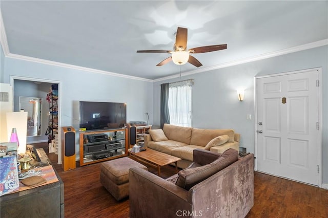 35 Columbia St, Pasadena, CA 91105 - living room featuring ceiling fan, ornamental molding, and dark wood-style flooring