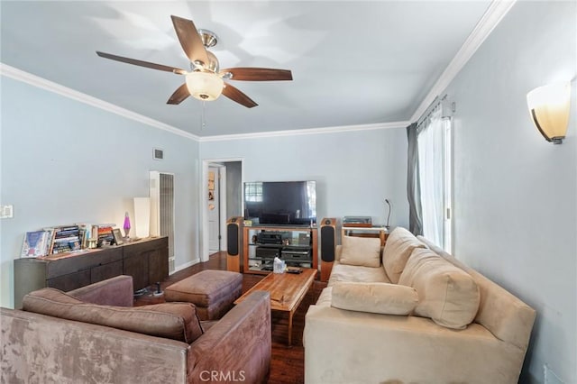 35 Columbia St, Pasadena, CA 91105 - living area with wood finished floors, ceiling fan, ornamental molding, and a heating unit