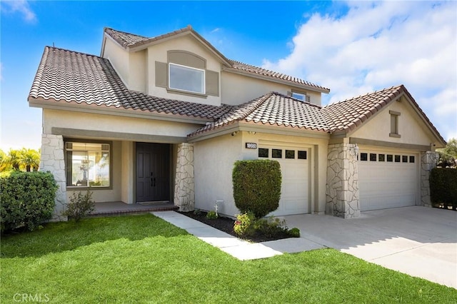 18680 Vantage Pointe Dr, Rowland Heights, CA 91748 - mediterranean / spanish house with stone siding, an attached garage, stucco siding, driveway, and a front lawn