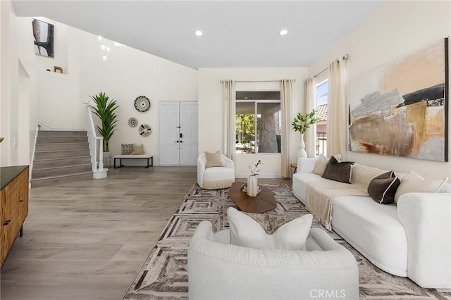 18680 Vantage Pointe Dr, Rowland Heights, CA 91748 - living room featuring recessed lighting, light wood-style floors, and stairs