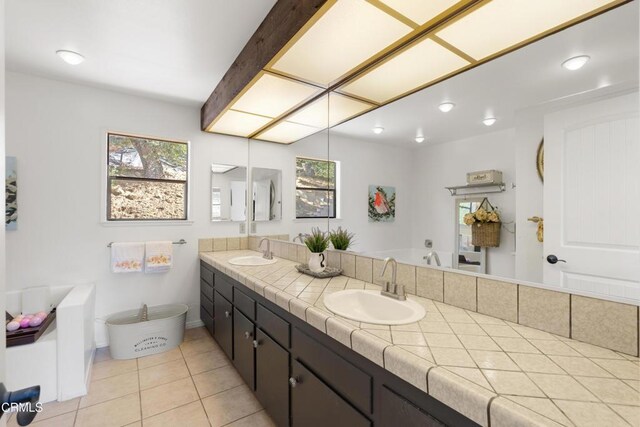 2100 Valley Meadow Dr, Oak View, CA 93022 - bathroom with double vanity, tile patterned flooring, a soaking tub, and recessed lighting