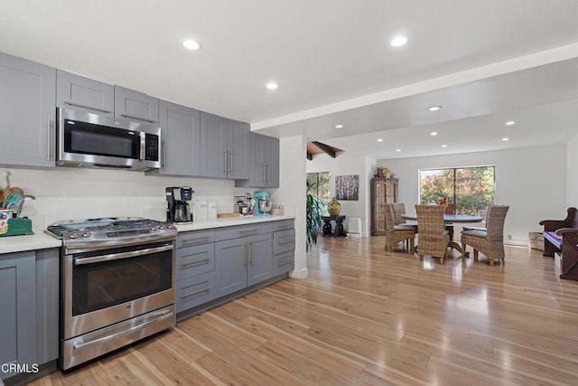 2100 Valley Meadow Dr, Oak View, CA 93022 - kitchen featuring stainless steel appliances, gray cabinets, light wood finished floors, light countertops, and recessed lighting