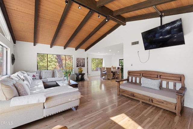 2100 Valley Meadow Dr, Oak View, CA 93022 - living room with rail lighting, a wood ceiling with exposed beams, wood finished floors, and high vaulted ceiling