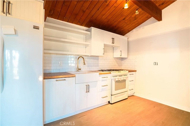 31954 Pine Cone Dr, Running Springs, CA 92382 - kitchen featuring white appliances, wooden ceiling, tasteful backsplash, open shelves, and light wood-style floors