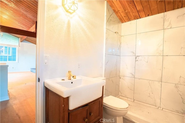 31954 Pine Cone Dr, Running Springs, CA 92382 - full bathroom featuring wooden ceiling, lofted ceiling, vanity, and a shower