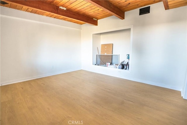 31954 Pine Cone Dr, Running Springs, CA 92382 - empty room with a wood ceiling with exposed beams and wood finished floors