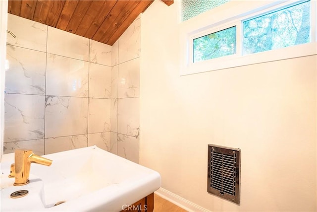 31954 Pine Cone Dr, Running Springs, CA 92382 - bathroom with wood ceiling, vaulted ceiling, and wood finished floors