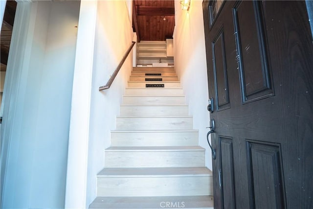 31954 Pine Cone Dr, Running Springs, CA 92382 - stairs with wooden ceiling