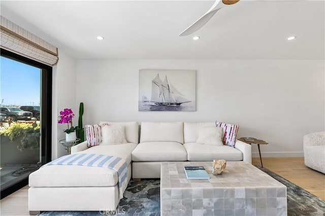 1817 W Bay Ave Unit A, Newport Beach, CA 92663 - living area with wood finished floors, recessed lighting, and a ceiling fan