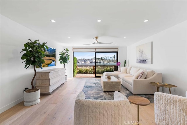 1817 W Bay Ave Unit A, Newport Beach, CA 92663 - living room featuring light wood-style flooring, recessed lighting, and a ceiling fan