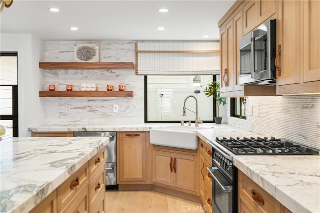 1817 W Bay Ave Unit A, Newport Beach, CA 92663 - kitchen featuring stainless steel appliances, recessed lighting, tasteful backsplash, light stone countertops, and light wood finished floors