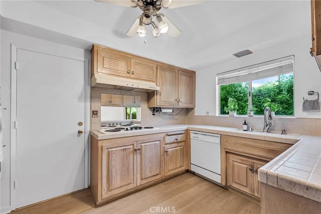 13624 Vose St, Valley Glen, CA 91405 - kitchen with white appliances, under cabinet range hood, tile counters, backsplash, and ceiling fan