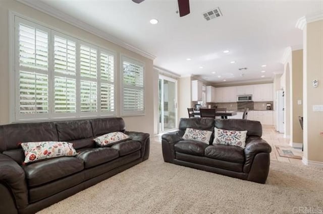 2792 Rambling Vistas Rd, Chula Vista, CA 91915 - living area featuring ornamental molding, ceiling fan, recessed lighting, and light colored carpet