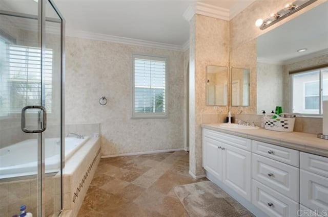 2792 Rambling Vistas Rd, Chula Vista, CA 91915 - bathroom featuring crown molding, vanity, a garden tub, a stall shower, and wallpapered walls