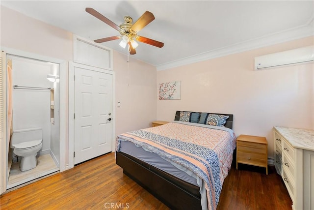 213 S Atlantic Blvd, Alhambra, CA 91801 - bedroom with a wall unit AC, dark wood finished floors, ornamental molding, and a ceiling fan